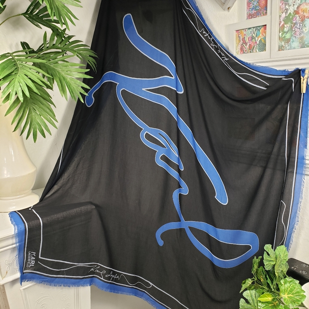 Karl Lagerfeld LARGE Black & Royal Logo w/ Fringe - Cover-up Wrap Square 56x56